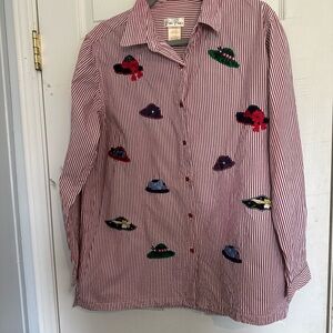 Bobbie Brooks Very Berry White Striped Embroidered Button Front Collared Shirt L